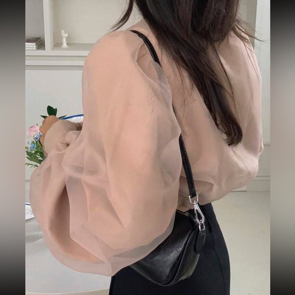 Light beige Mesh Panel Lantern puff Sleeve sweater Shirt blouse - Picture 3 of 7